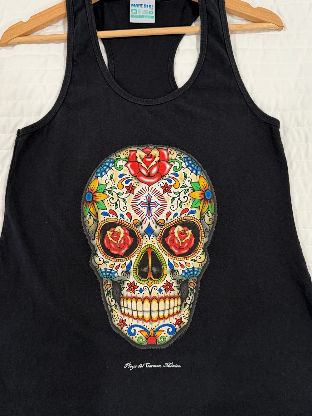 Black Tank Top with Colorful Sugar Skull Graphic Day of the dead.